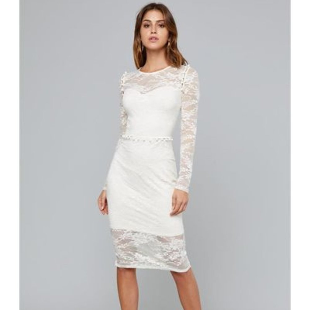 Bebe button trim lace midi dress